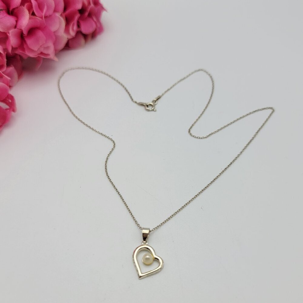 Vintage Sterling Silver Pearl Heart Pendant Necklace 16.5" Spring Ring Clasp